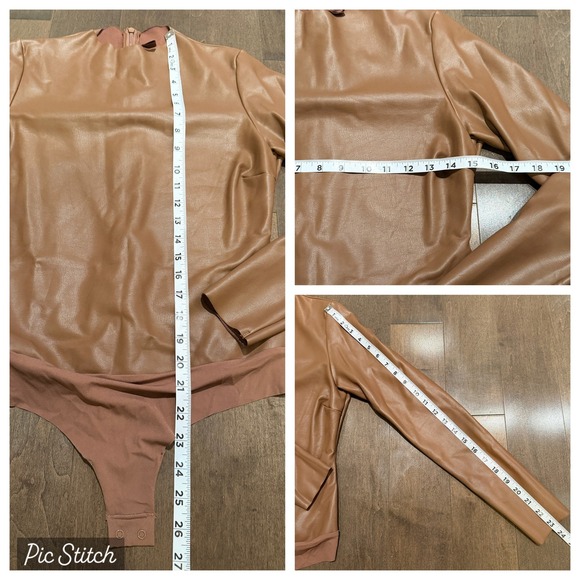 SKIMS Brown Faux Leather Mock Neck Long Sleeve Bodysuit Jasper Women's Size L - Picture 5 of 6